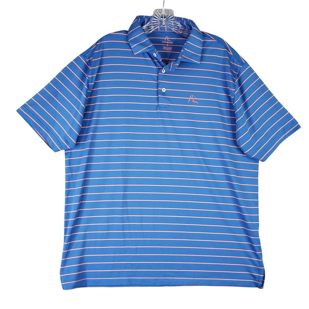 Rhoback Birdie Striped Shirt Mens Large Blue Pink Performance Stretch Polo